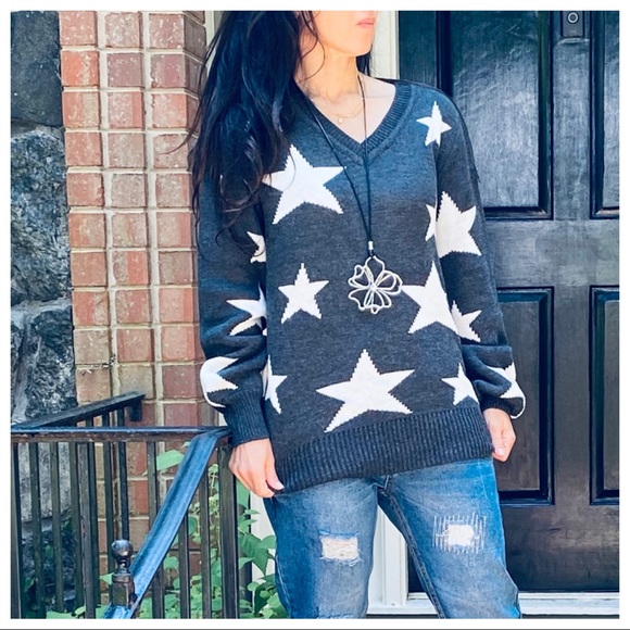 FALL MUST HAVE CHARCOAL GREY V NECK STAR SWEATER - Picture 2 of 9